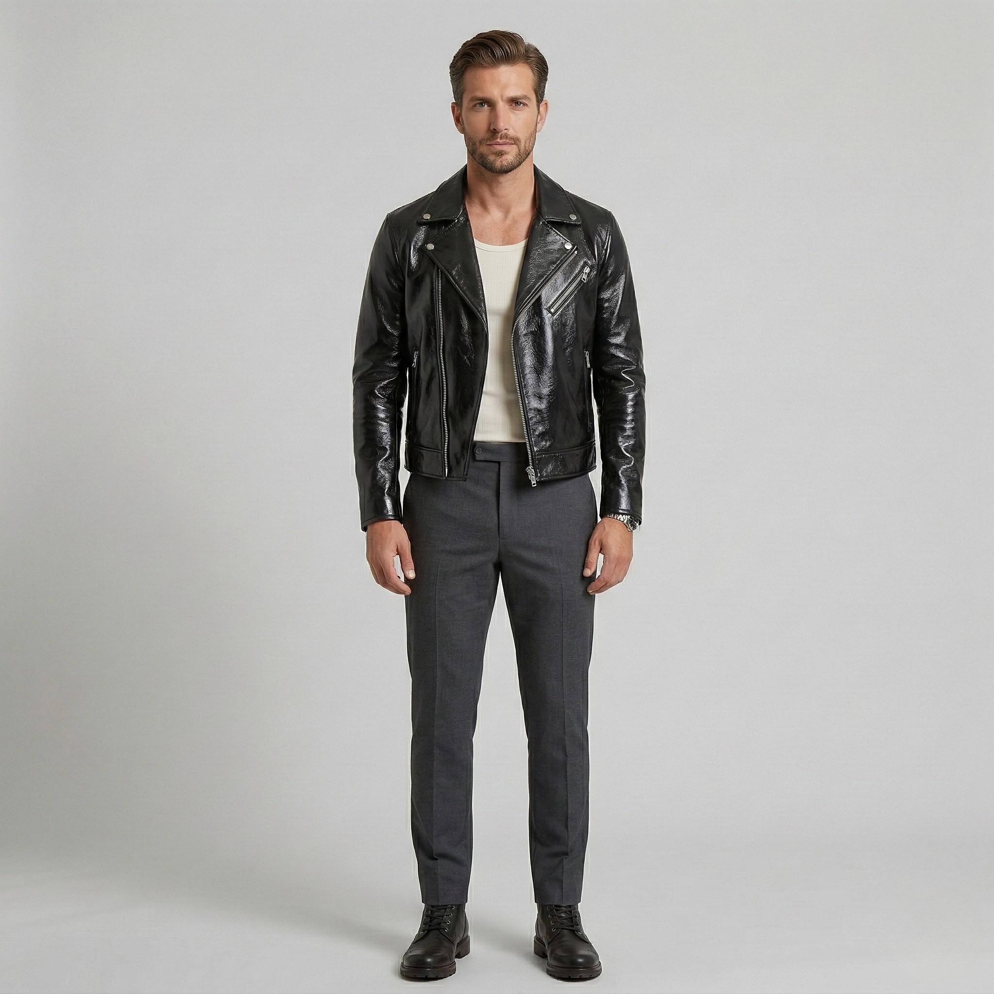 Men's Glossy Faux-Leather Moto Jacket