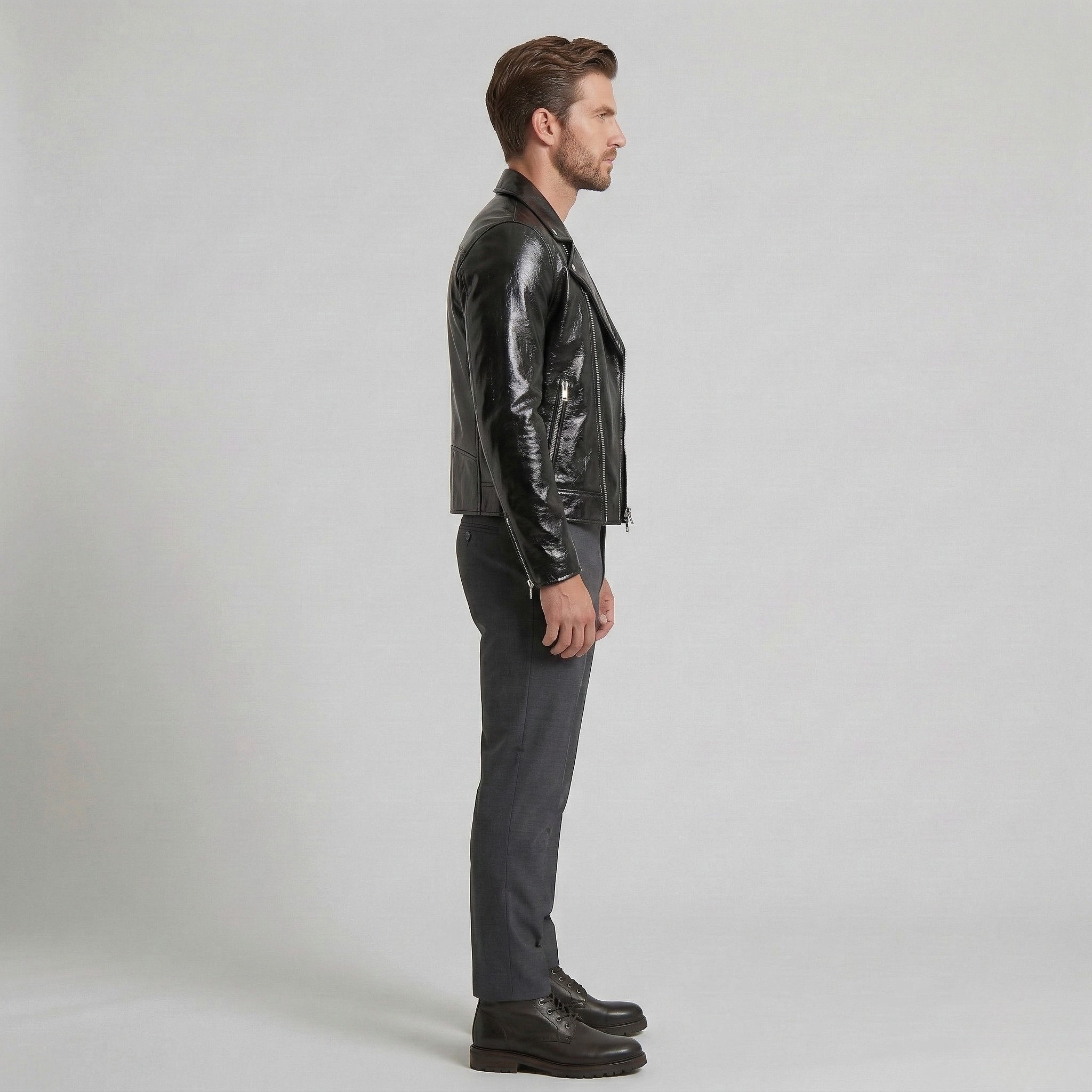 Men's Glossy Faux-Leather Moto Jacket