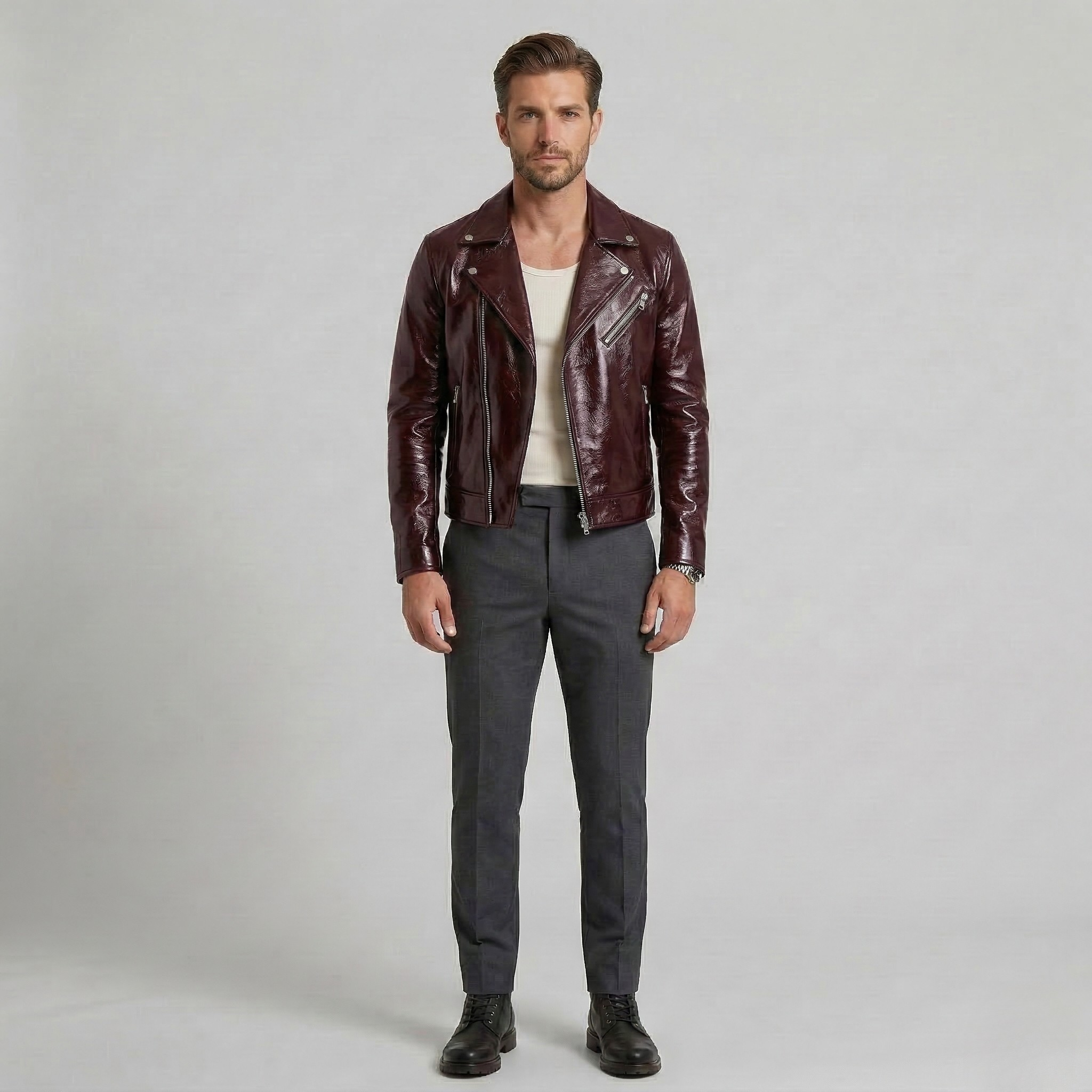 Men's Glossy Faux-Leather Moto Jacket