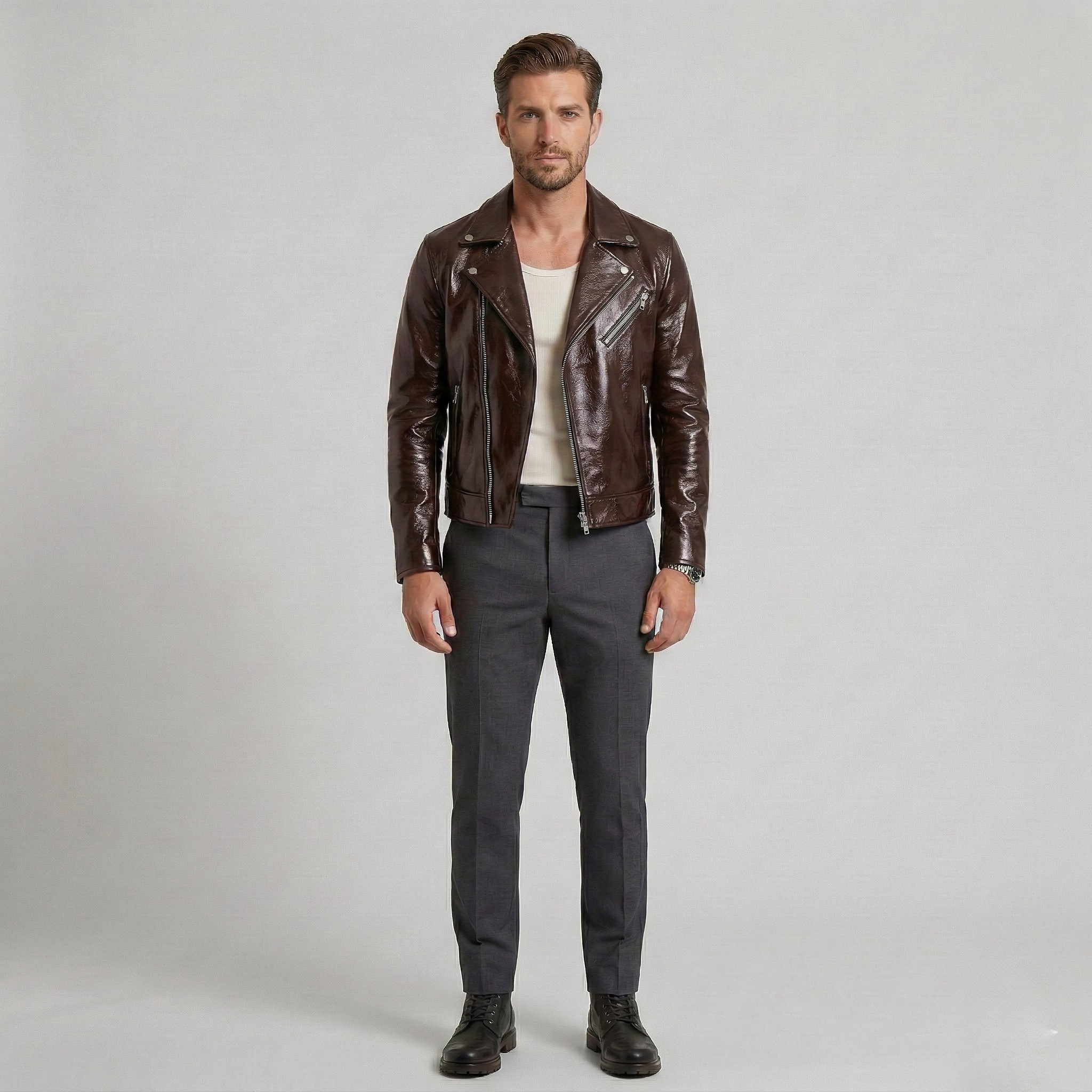 Men's Glossy Faux-Leather Moto Jacket