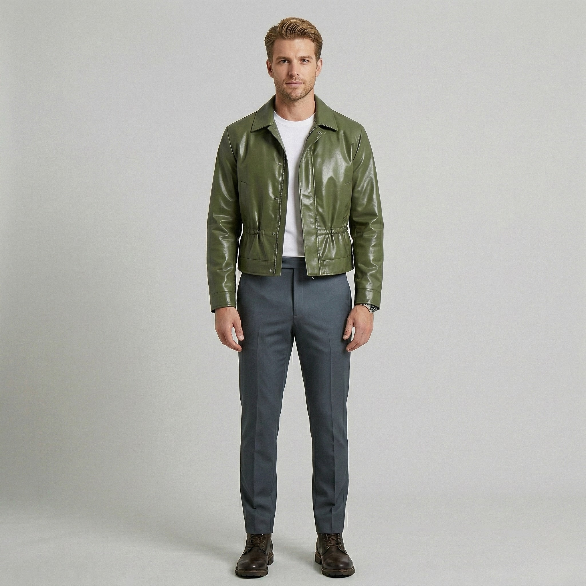 Men's Glossy Waist-Detail Faux-Leather Jacket