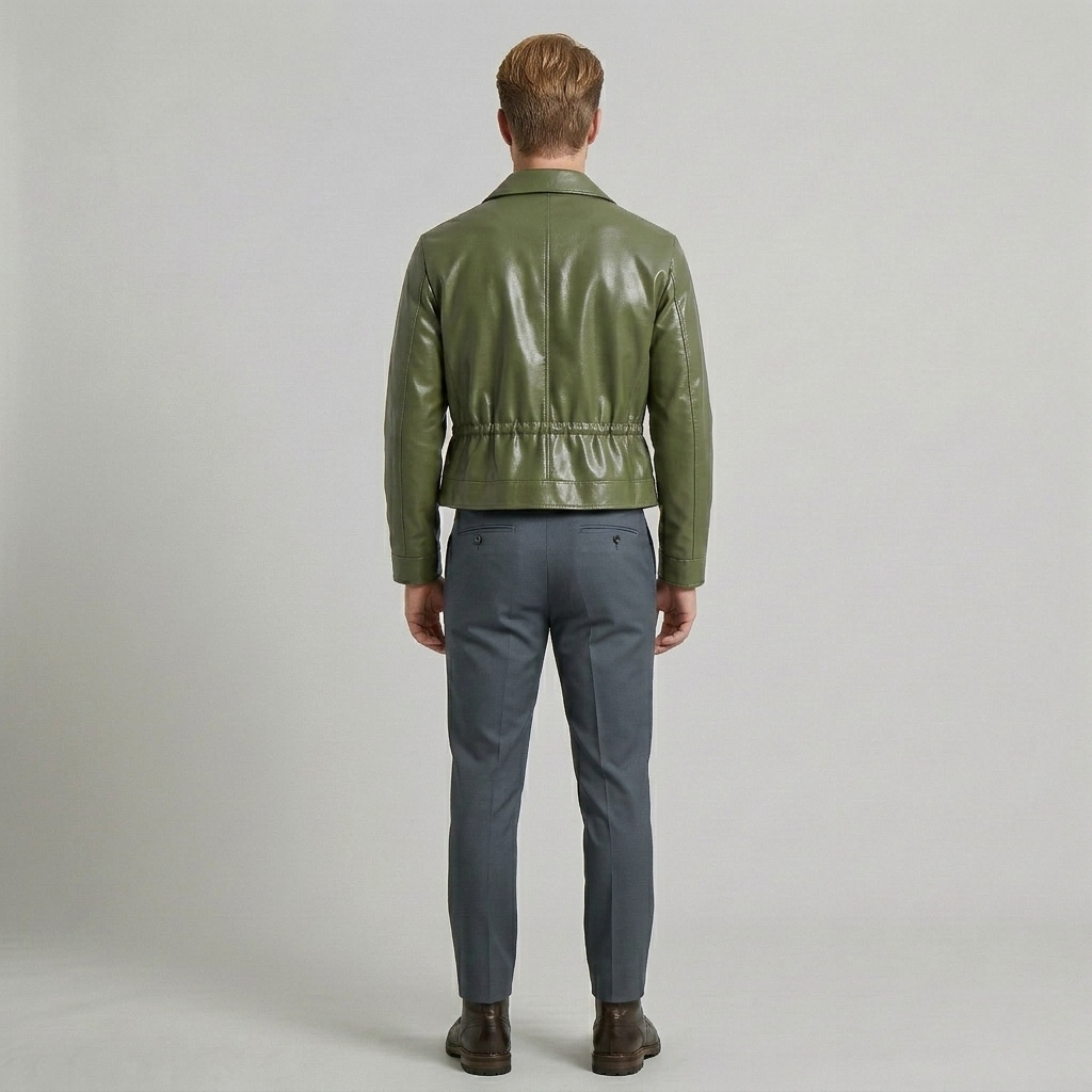Men's Glossy Waist-Detail Faux-Leather Jacket