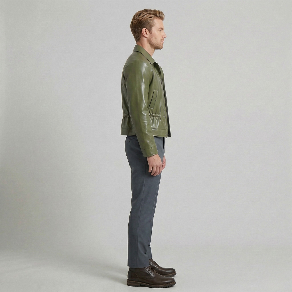 Men's Glossy Waist-Detail Faux-Leather Jacket