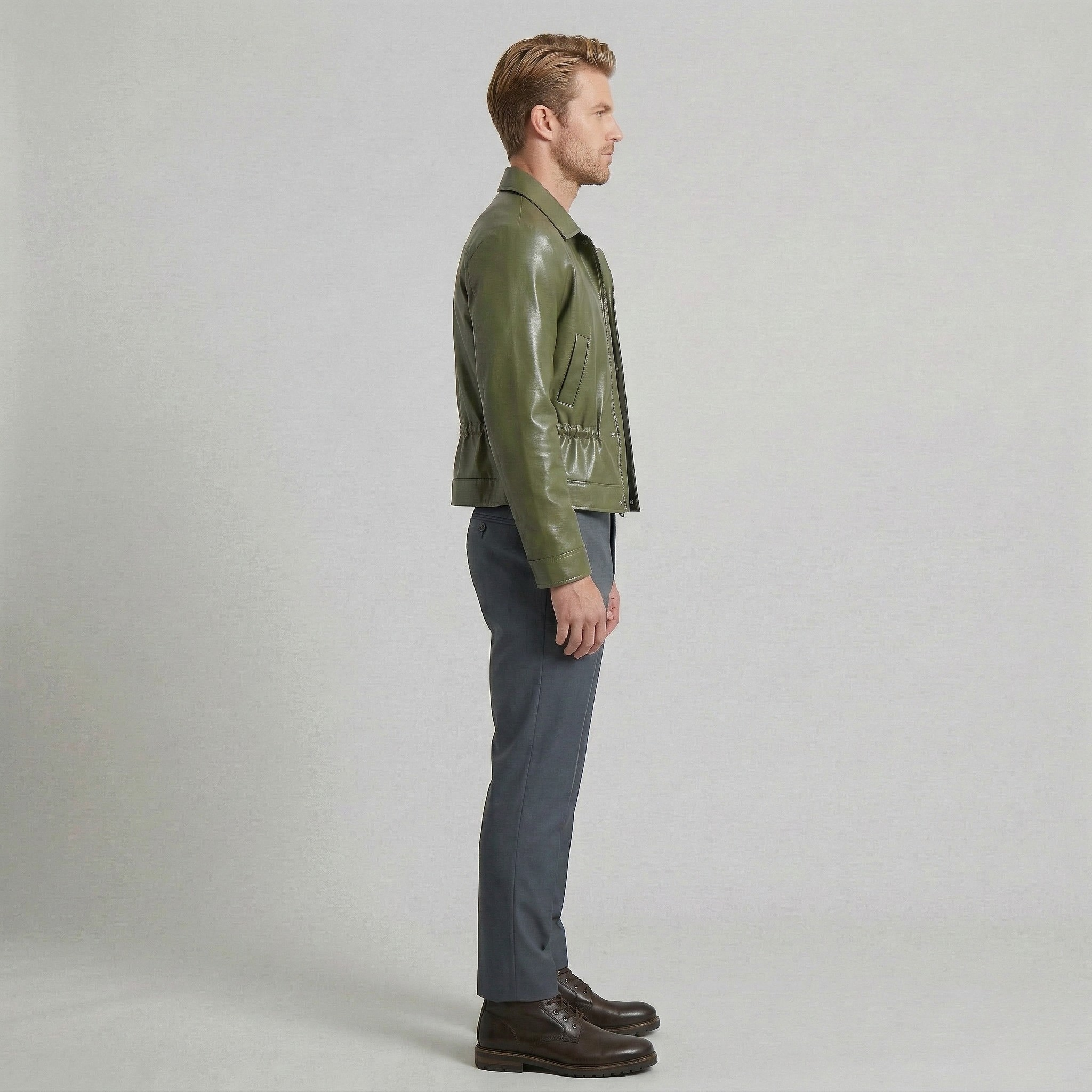 Men's Glossy Waist-Detail Faux-Leather Jacket