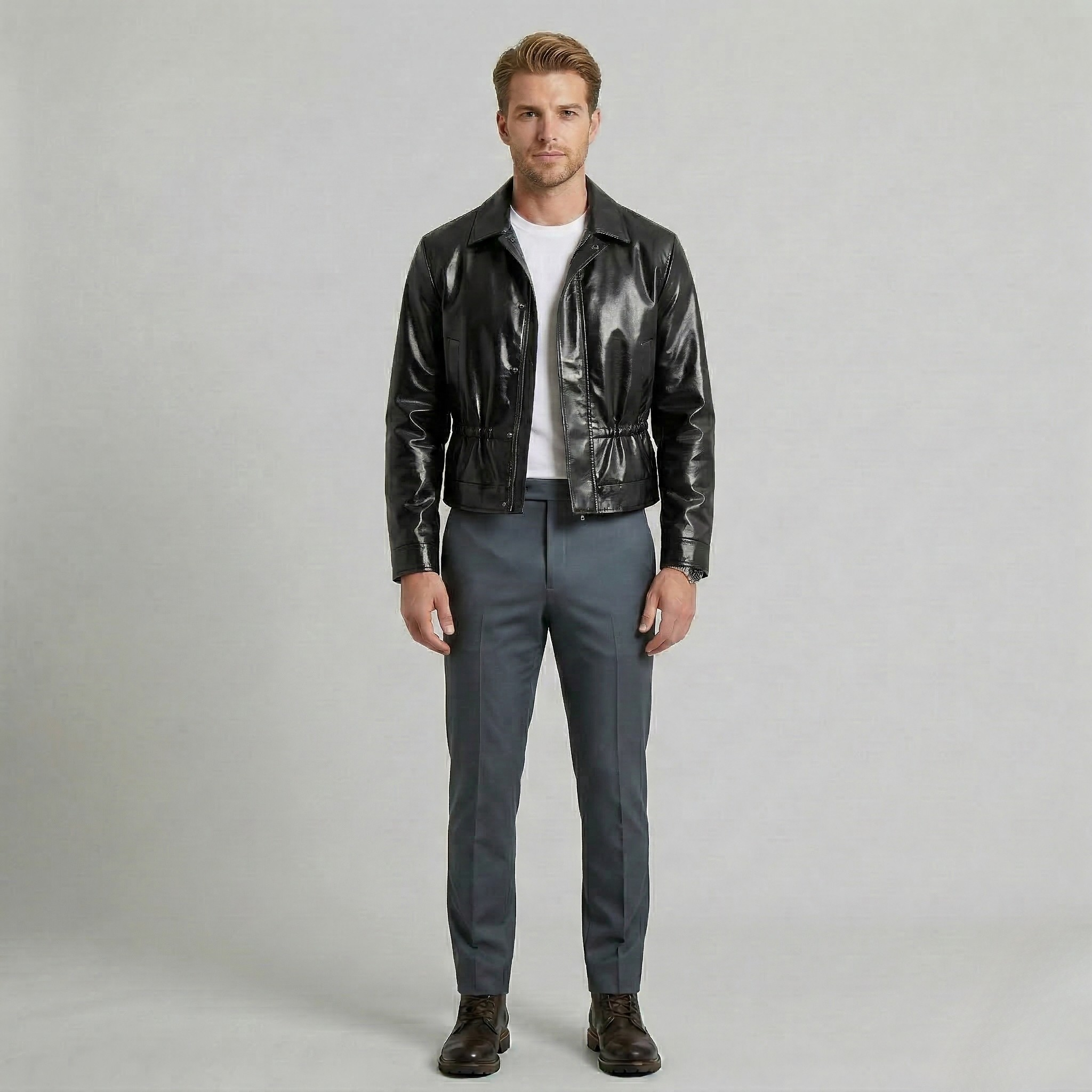Men's Glossy Waist-Detail Faux-Leather Jacket