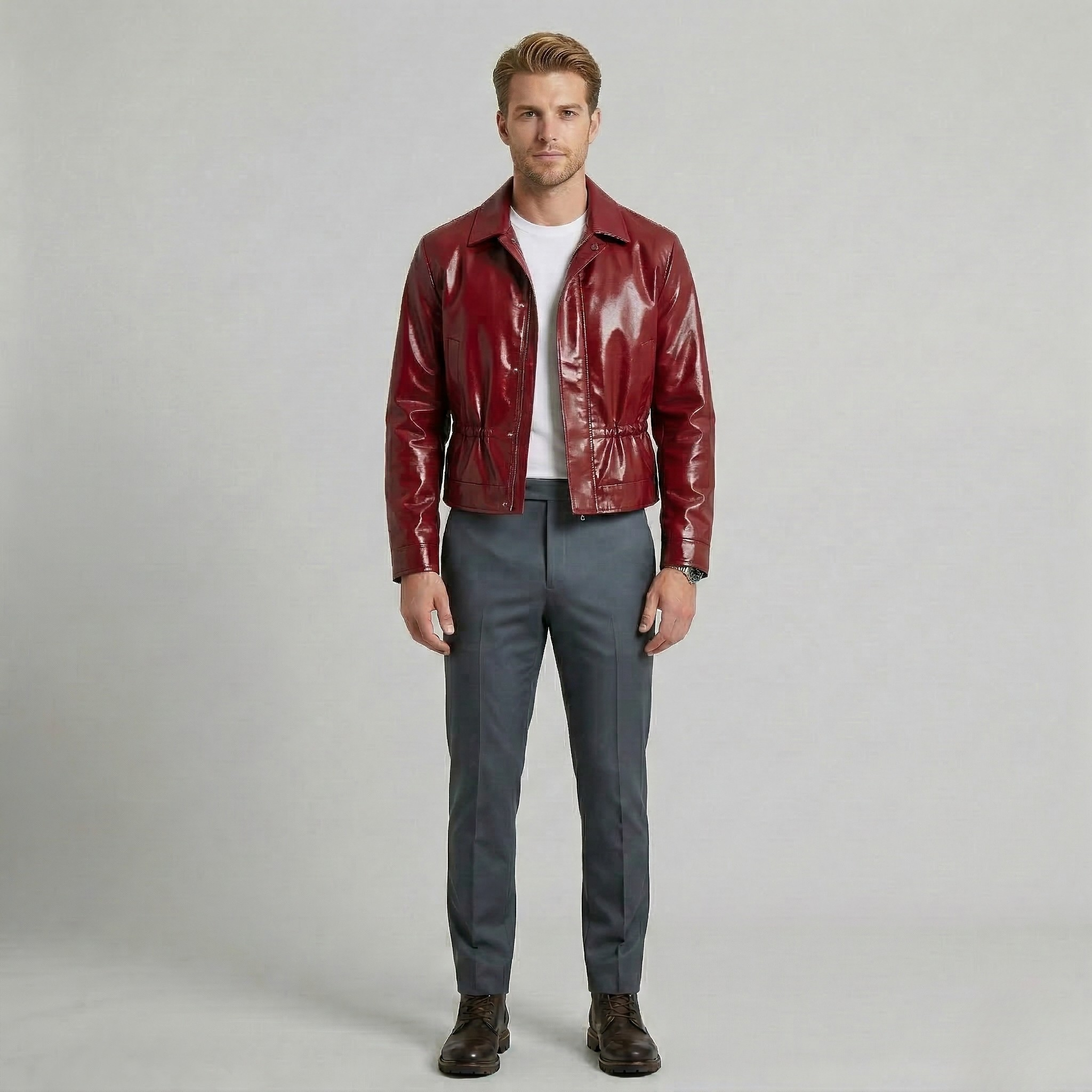 Men's Glossy Waist-Detail Faux-Leather Jacket