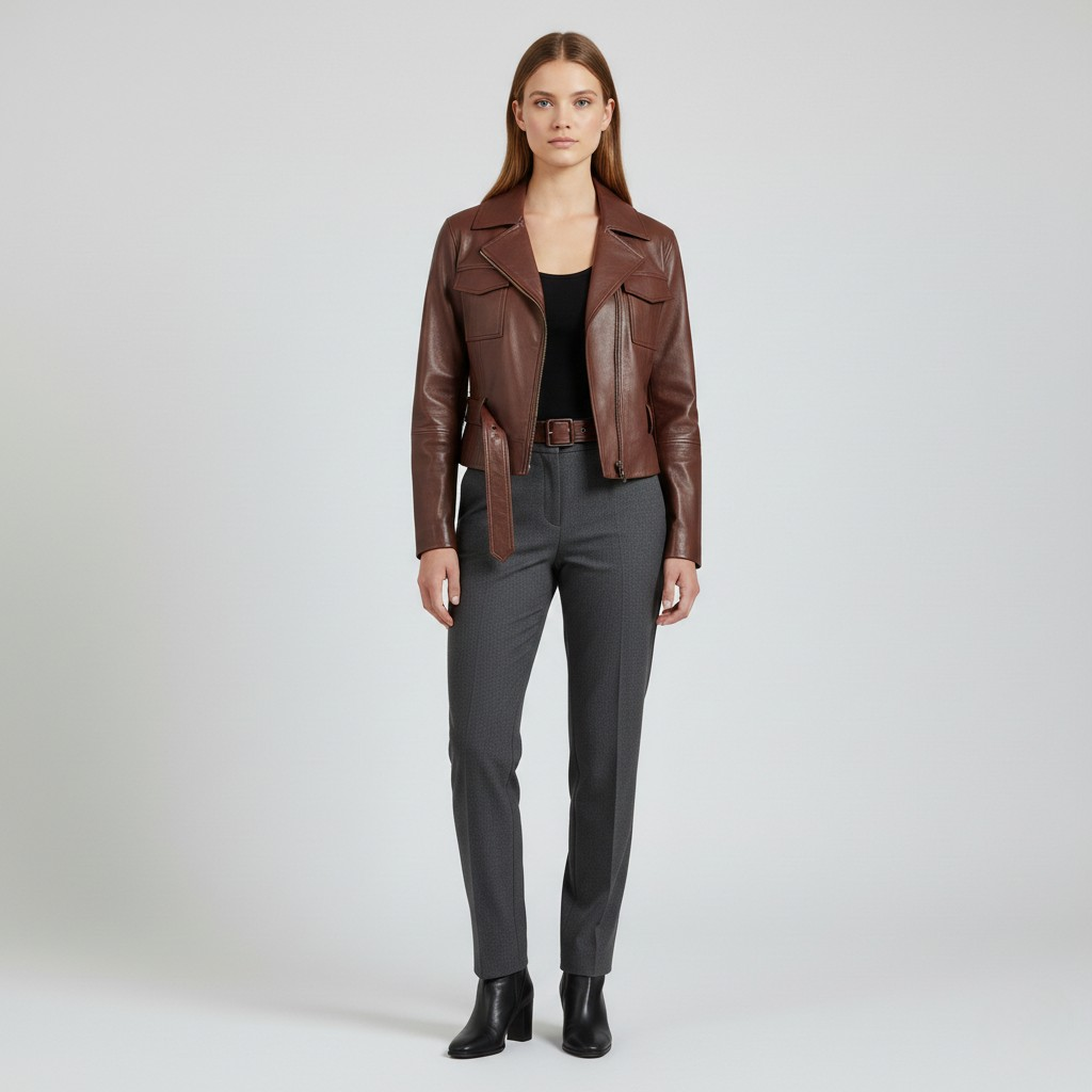 Women's Belted Cropped Faux-Leather Moto Jacket