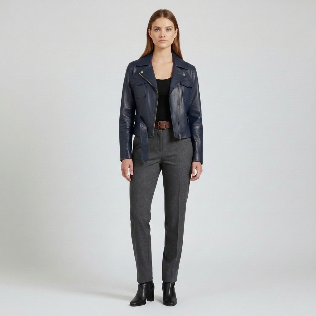 Women's Belted Cropped Faux-Leather Moto Jacket