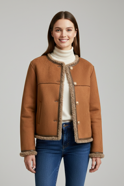 Women Jacket with Button Closure and Trim Edging