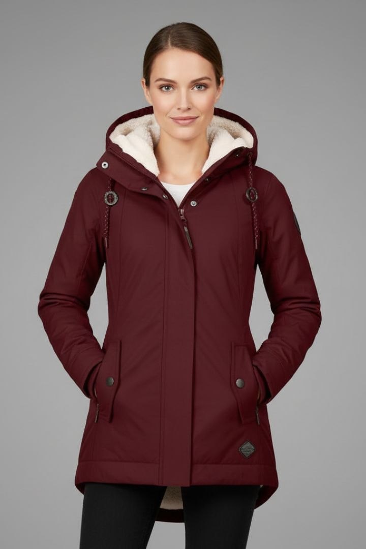 Women’s Hooded Coat with Zip Fastening and Buttoned Flap