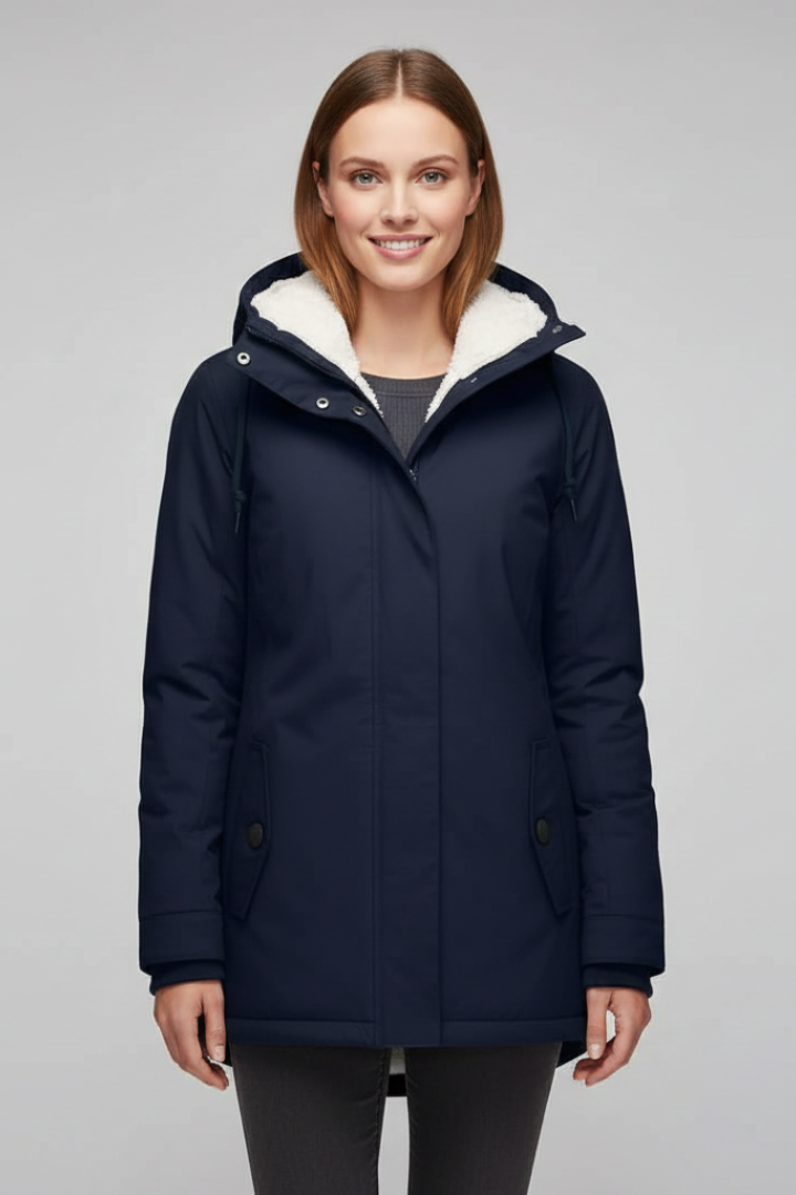 Women’s Hooded Coat with Zip Fastening and Buttoned Flap