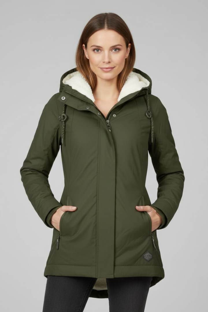 Women’s Hooded Coat with Zip Fastening and Buttoned Flap