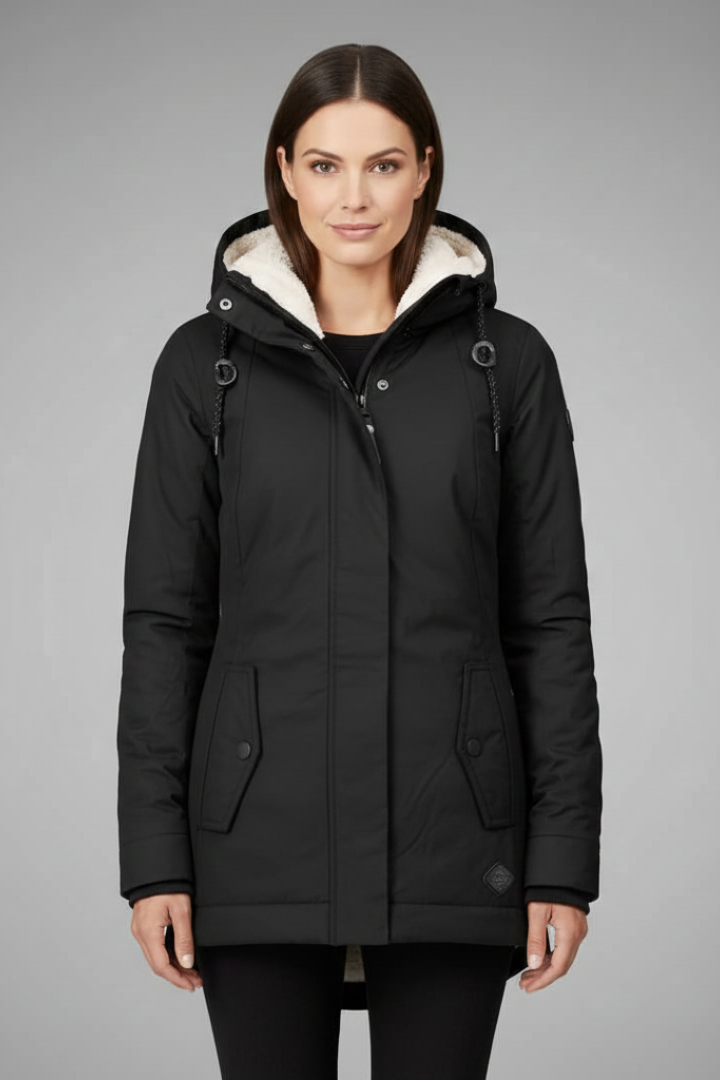 Women’s Hooded Coat with Zip Fastening and Buttoned Flap