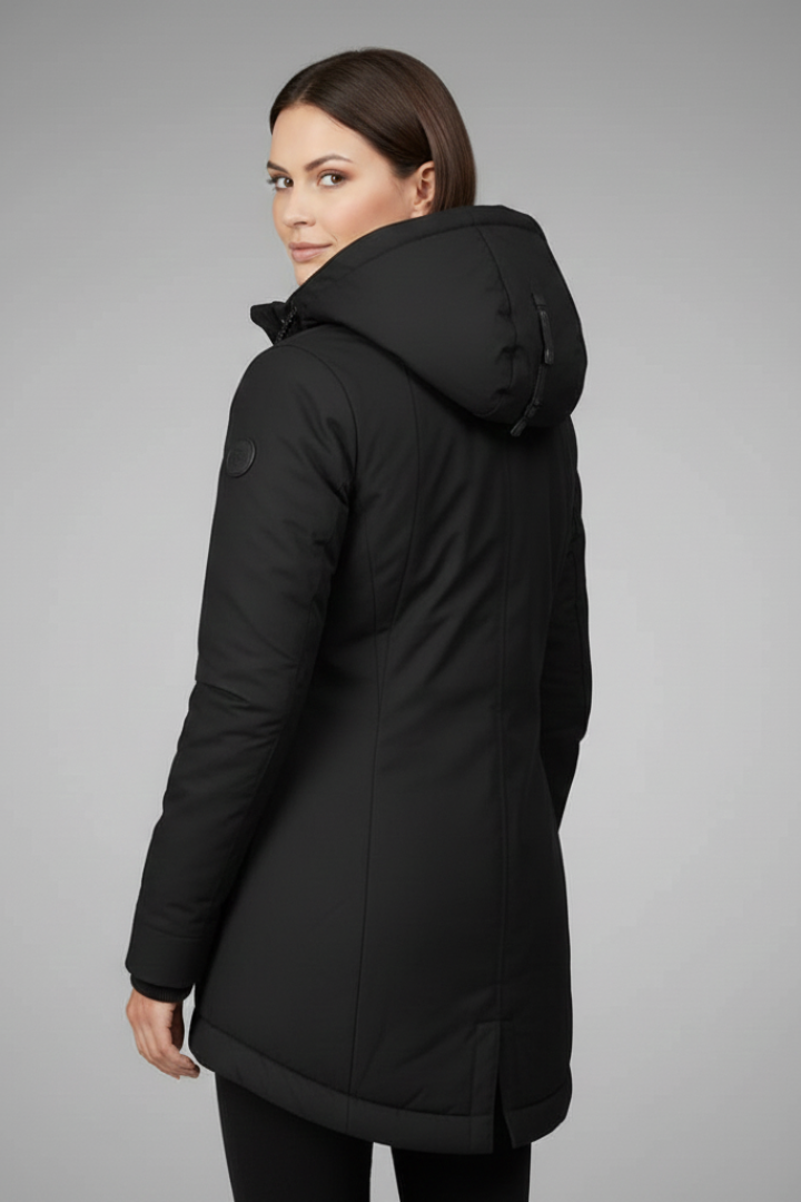 Women’s Hooded Coat with Zip Fastening and Buttoned Flap
