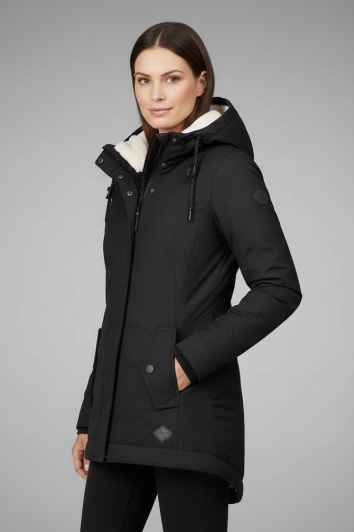 Women’s Hooded Coat with Zip Fastening and Buttoned Flap
