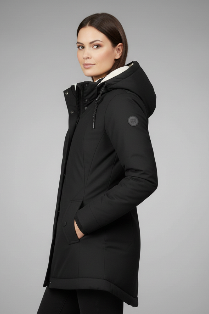 Women’s Hooded Coat with Zip Fastening and Buttoned Flap