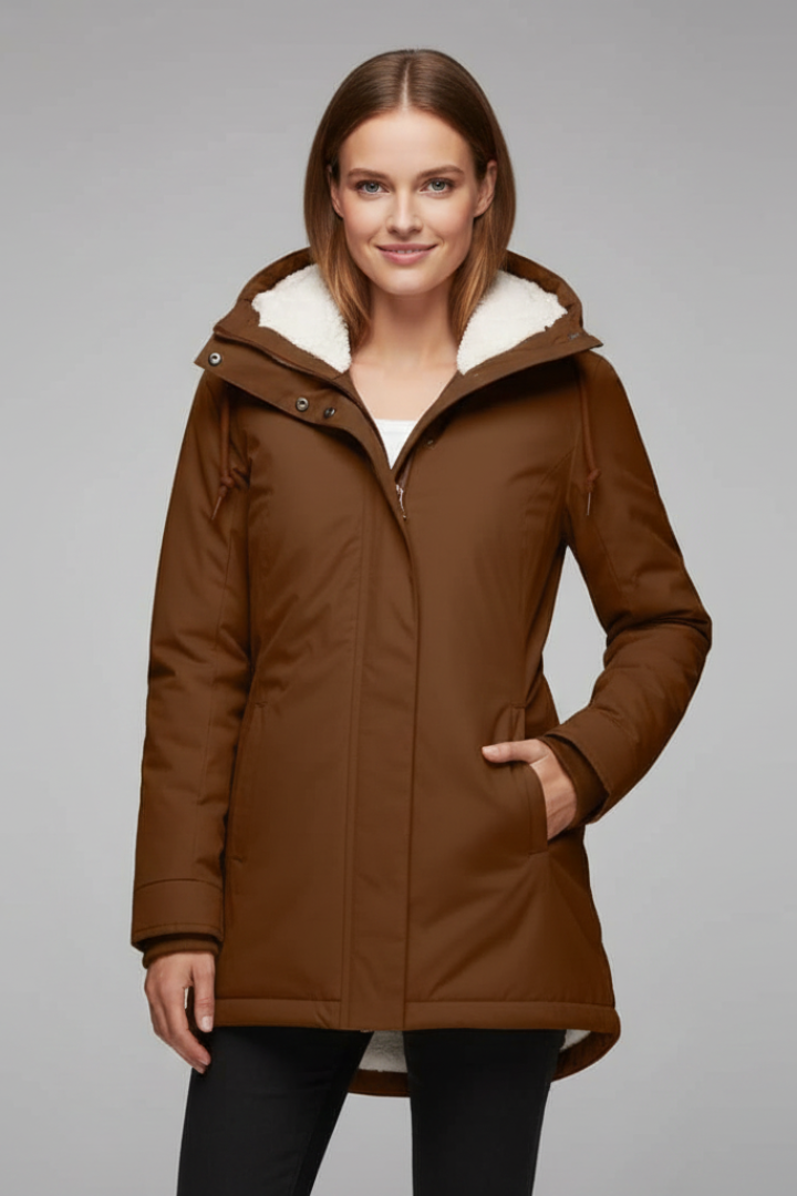 Women’s Hooded Coat with Zip Fastening and Buttoned Flap