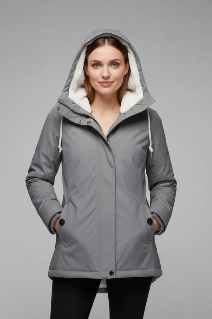 Women’s Hooded Coat with Zip Fastening and Buttoned Flap