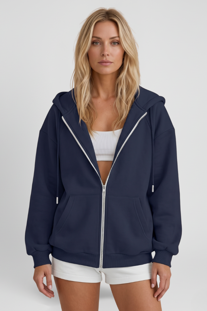 Women’s Hooded Jacket with Asymmetrical Zip and Drawstring Hood