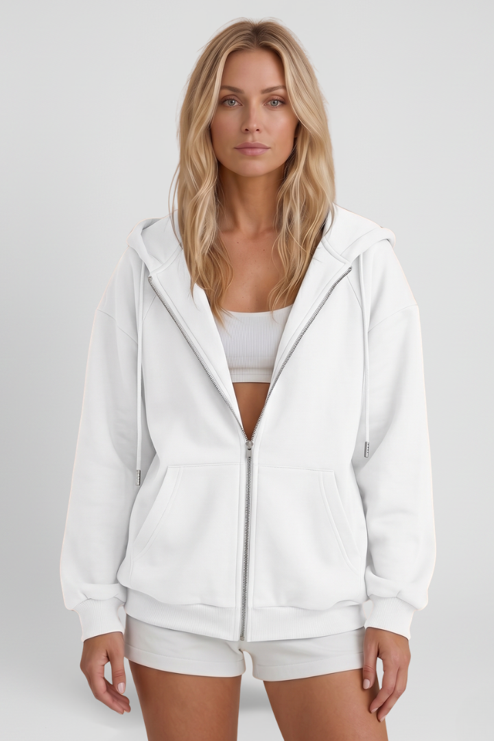 Women’s Hooded Jacket with Asymmetrical Zip and Drawstring Hood