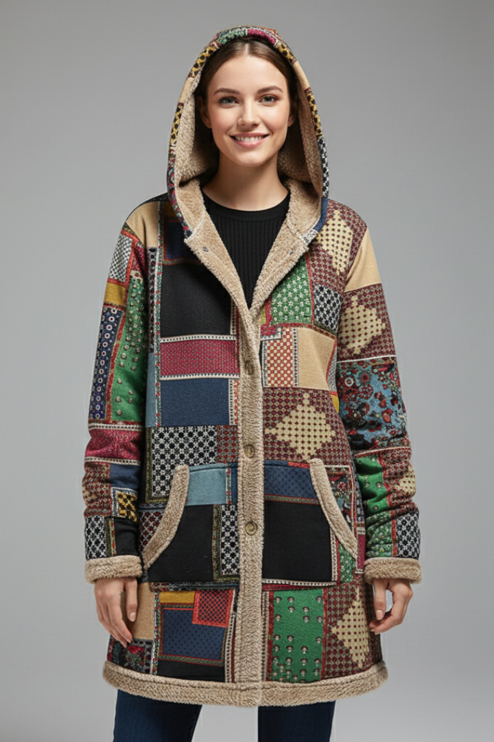 Women’s Hooded Overcoat with Zip and Patchwork Surface