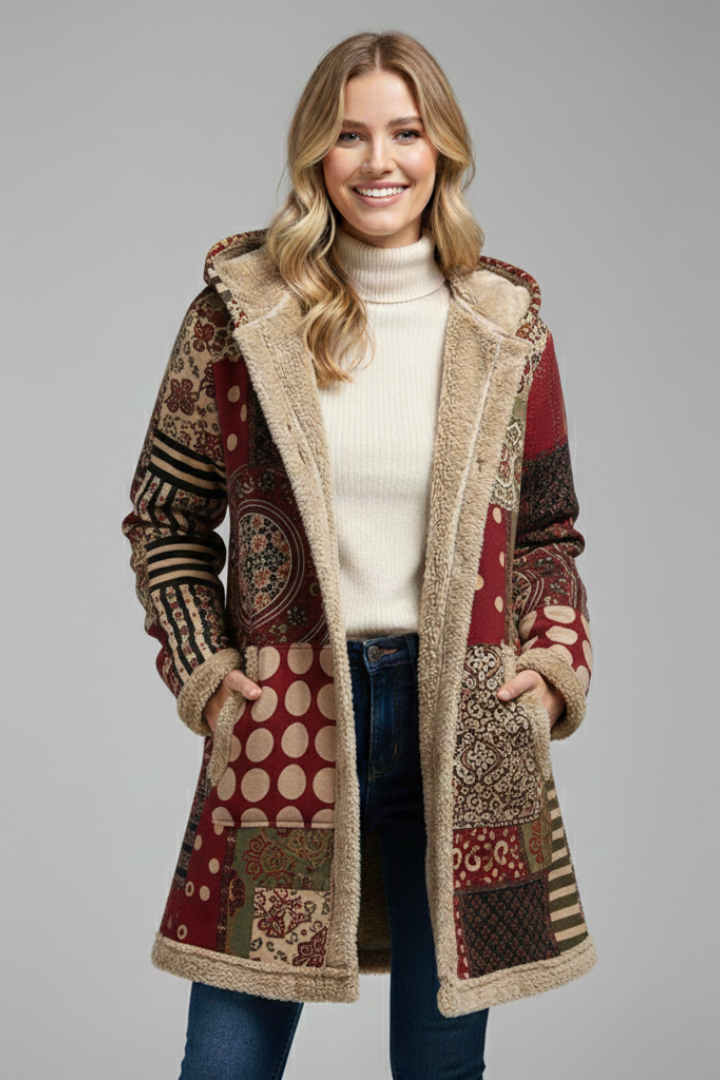 Women’s Hooded Overcoat with Zip and Patchwork Surface