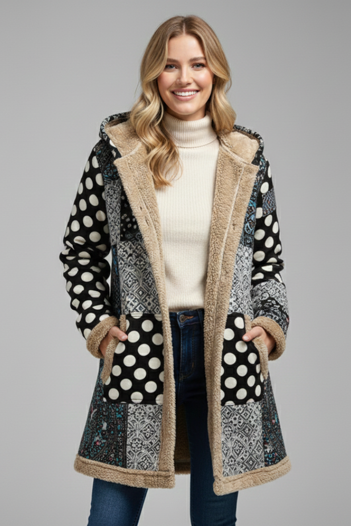 Women’s Hooded Overcoat with Zip and Patchwork Surface