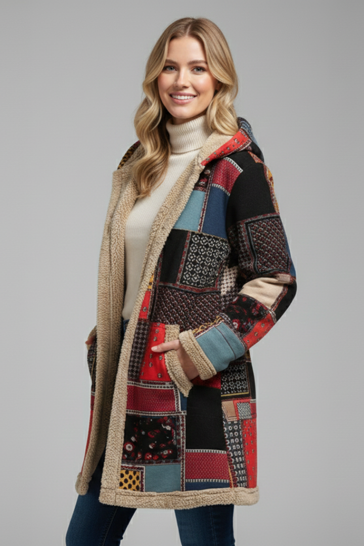 Women’s Hooded Overcoat with Zip and Patchwork Surface