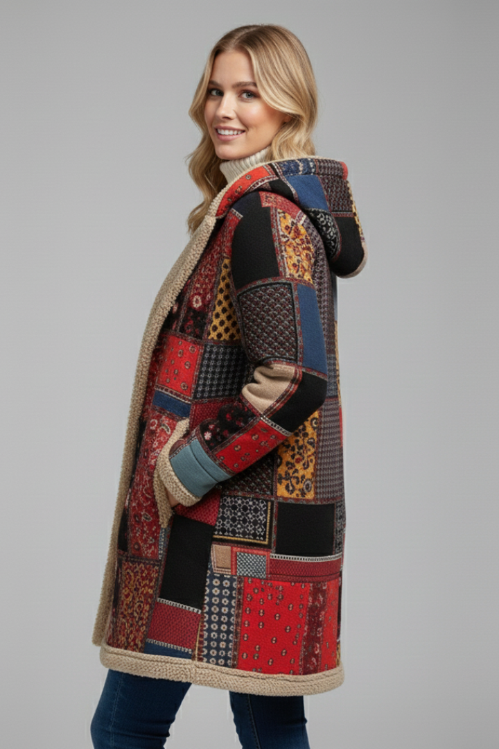 Women’s Hooded Overcoat with Zip and Patchwork Surface