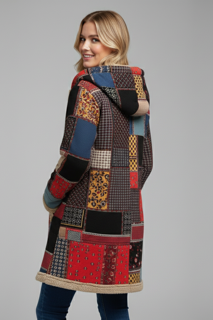 Women’s Hooded Overcoat with Zip and Patchwork Surface