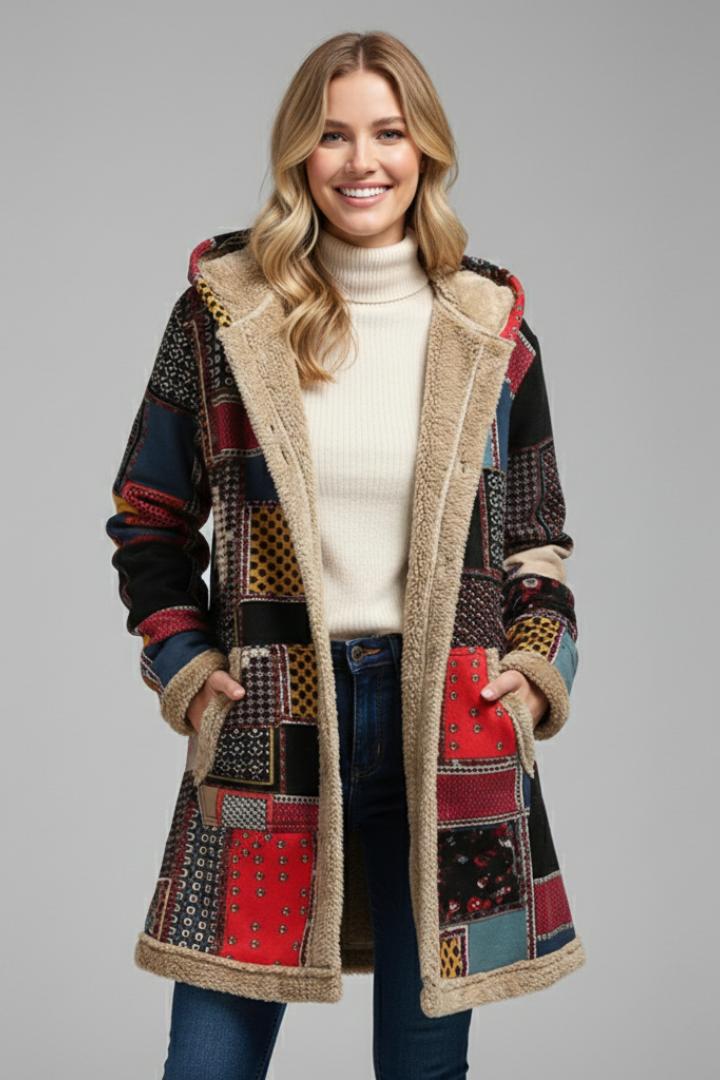Women’s Hooded Overcoat with Zip and Patchwork Surface