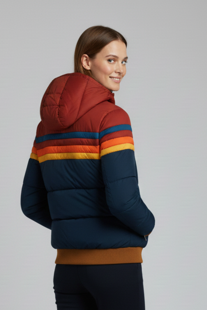 Women’s Hooded Puffer Jacket with Front Zip and Striped Surface