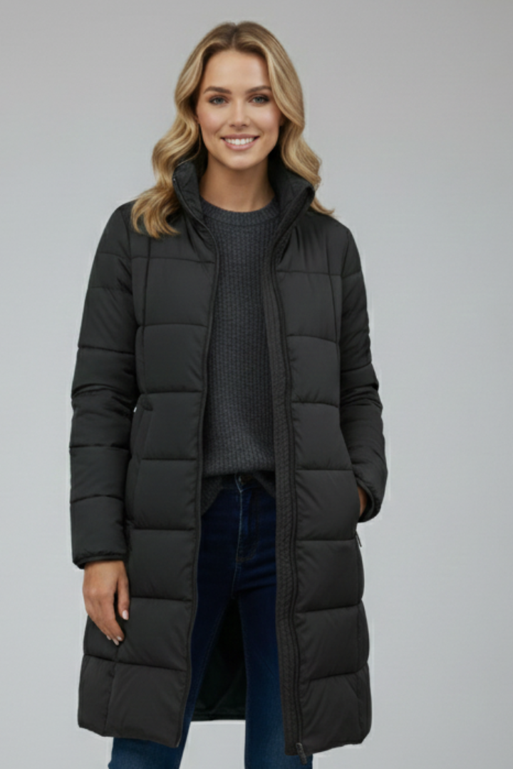 Women's Long Puffer Jacket with Hood and Front Zip Fastening